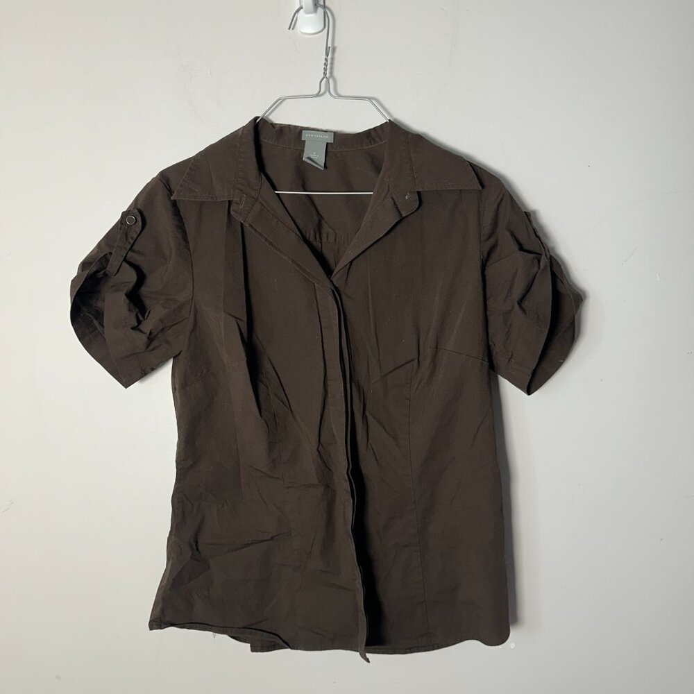 EUC Womens Ann Taylor 8 Brown Button Up  Shirt  Top Blouse Short Sleeve